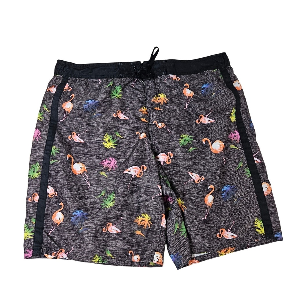 Joe Boxer Swim Trunks Flamingo Tropical Print Gray XL Board Shorts Beach Summer